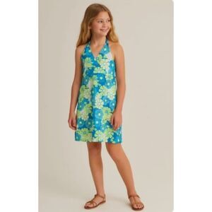 Lilly Pulitzer Girls Halter Dress Vintage White Label Blue Tropical Floral Sz 12
